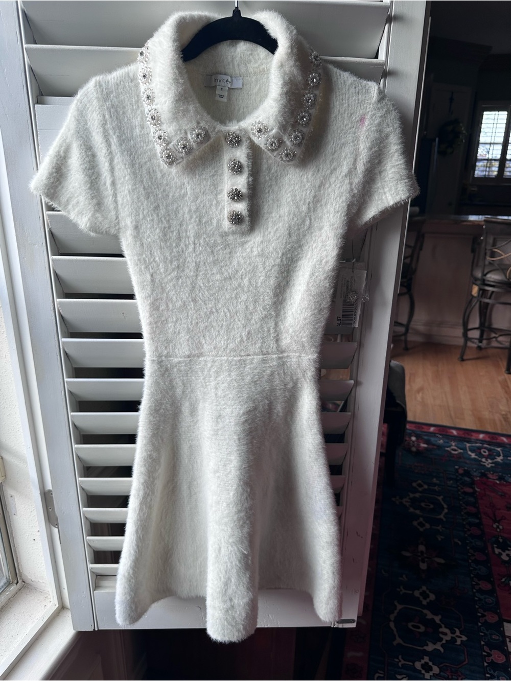 Embellished Collared White Mini Dress
